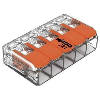 Kabelverbinder, 5-polig, 0,5-6,0 mm², Klemmstellen: 5, orange/transparent, Käfigklemme, 41 A, 221-615 Highlight