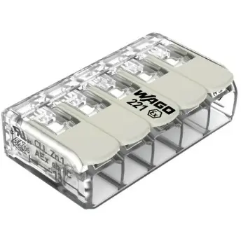 Kabelverbinder, 5-polig, 0,5-6,0 mm², Klemmstellen: 5, transparent/weiß, Käfigklemme, 37 A, 221-685 Echt