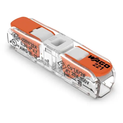 Expressversand Durchgangsverbinder, 2-polig, 0,2-4,0 mm², Klemmstellen: 2, transparent/weiß, Federklemmanschluss, 32 A, 221-2401