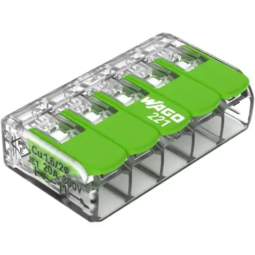 Meistverkauft Kabelverbinder, 5-polig, 4,0 mm², Klemmstellen: 5, transparent, Käfigklemme, 32 A, 221-425