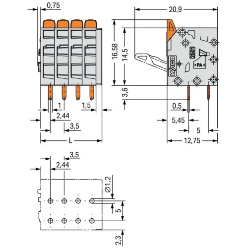 Leiterplattenklemme, 14-polig, RM 3.5 mm, 1,5 mm², 17.5 A, Push-in Käfigklemme, grau, 2601-3114 Abverkauf