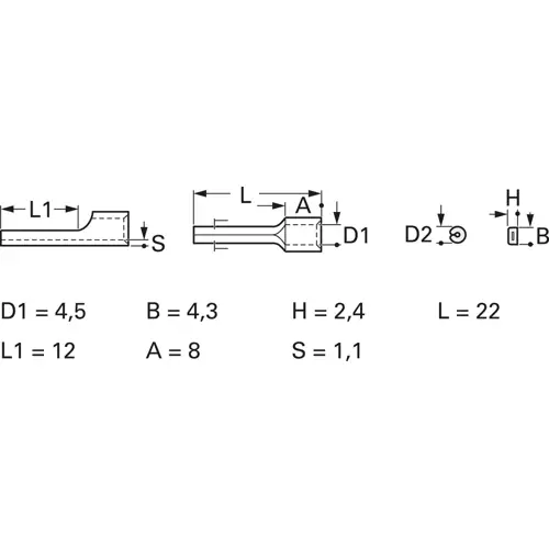 Unisolierter Stiftkabelschuh, 10 mm², AWG 8, 4.3 mm, metall, 3743 Abverkauf