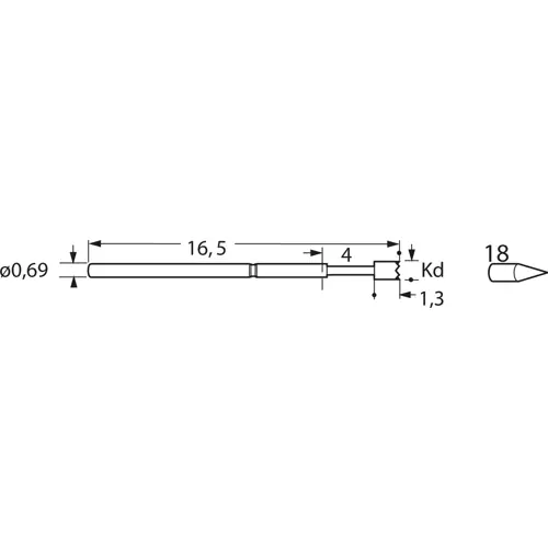 Standard-Prüfstift mit Tastkopf, Kegel, Ø 0.53 mm, Hub 2.54 mm, RM 1.27 mm, L 16.5 mm, F11118S053L100 Kostenloser Versand
