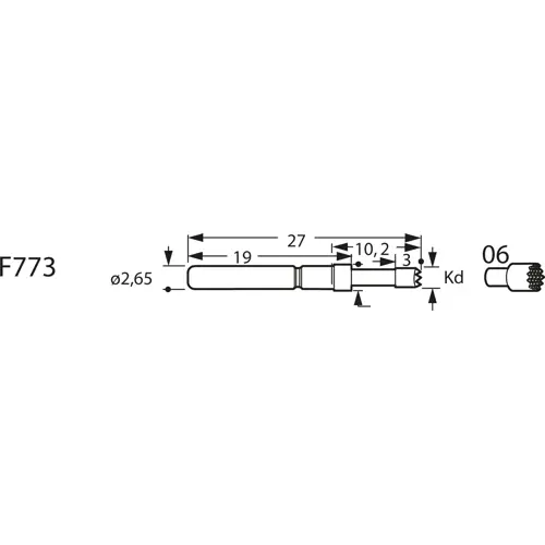 Abverkauf Standard-Prüfstift mit Tastkopf, Waffel, Ø 4 mm, Hub 5 mm, RM 3.5 mm, L 27 mm, F77306B400G300C