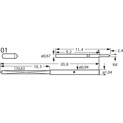 Direkt Vom Hersteller Kurzhub-Prüfstift mit Tastkopf, Kegel, Ø 0.5 mm, Hub 1.2 mm, RM 1.27 mm, L 20.8 mm, F60501S050L075