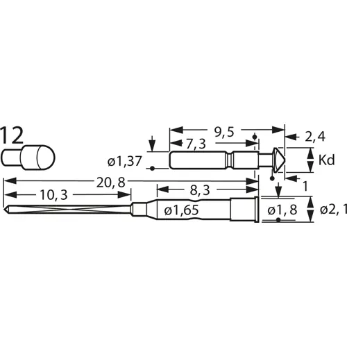 Kurzhub-Prüfstift mit Tastkopf, Rundkopf, Ø 2 mm, Hub 1.2 mm, RM 2.54 mm, L 20.8 mm, F67012B200G085 Nur Für Kurze Zeit