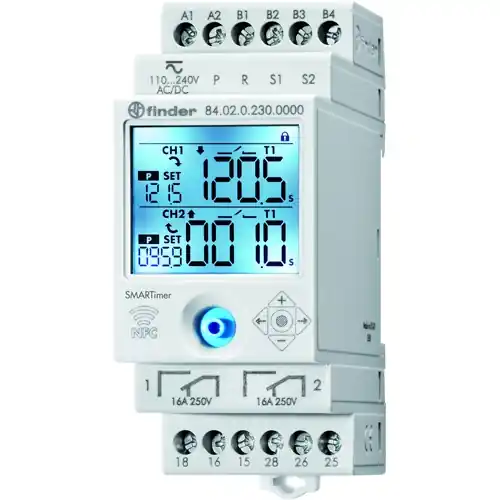 Multifunktions-Zeitrelais, 0,1 s bis 9999 h, 2 unabhängig programmierbare Kanäle mit je 30 Funktionen, 2 Wechsler, 12-24/110-240 V AC/DC, 16 A/250 VAC, 84.02.0.230.0000 Begrenztes Angebot