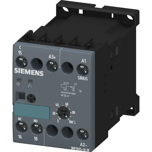 Sonderangebot Zeitrelais, 0,05 bis 100 s, einschaltverzögert, 1 Wechsler, 24 V AC/DC, 3 A/250 VAC, 3RP2025-1AQ30