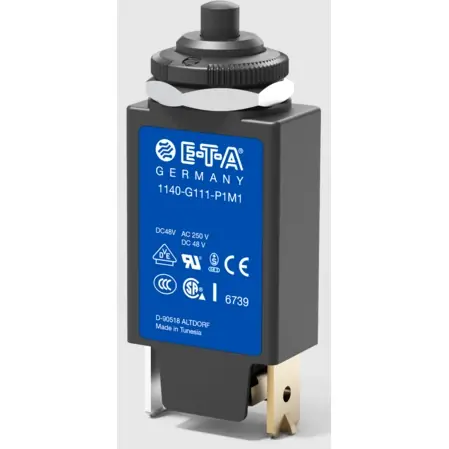 Schutzschalter, thermisch, 1-polig, M-Charakteristik, 15 A, 48 V (DC), 240 V (AC), Flachstecker 6,3 x 0,8 mm, Zentralbefestigung, IP40, 1140-G111-P1M1-15A Versand Am Gleichen Tag