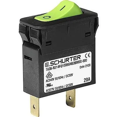 Gratis Versand Schutzschalter, thermisch, 1-polig, T-Charakteristik, 20 A, 32 V (DC), 240 V (AC), Flachstecker 6,3 x 0,8 mm, Snap-in, IP40, 3-128-208