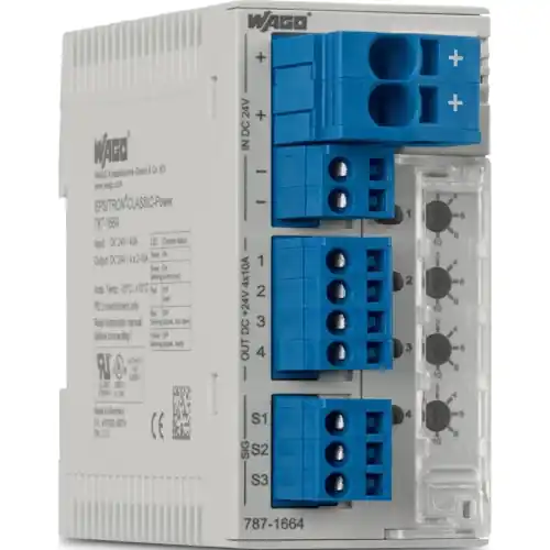 Neu Im Sortiment Schutzschalter, elektronisch, 4-polig, 6 A, 24 V (DC), Push-in, DIN-Schiene, IP20, 787-1664/106-011