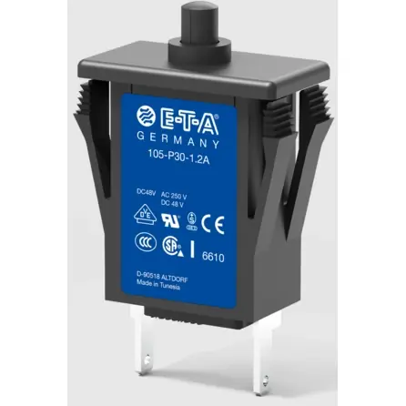 Schutzschalter, thermisch, 1-polig, 7 A, 48 V (DC), 240 V (AC), Flachstecker 6,3 x 0,8 mm, Snap-in, IP40, 105-P10-7A Highlight