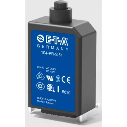 Markenware Schutzschalter, thermisch, 1-polig, 1 A, 48 V (DC), 240 V (AC), Lötanschluss, Leiterplattenmontage, IP40, 104-PR-1A
