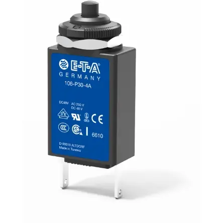 Schutzschalter, thermisch, 1-polig, 4.5 A, 48 V (DC), 240 V (AC), Flachstecker 6,3 x 0,8 mm, Gewindebefestigung, IP40, 106-M2-P10-4,5A Sofort Bestellen