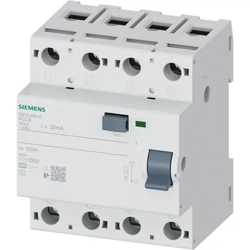 Neu Im Sortiment Fehlerstromschutzschalter, 4-polig, 125 A, 500 mA, Typ A, 230/400 VAC, 5SV3745-8